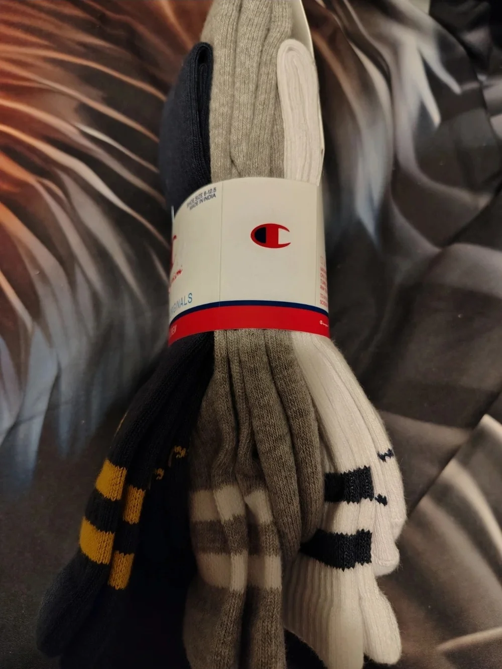 Champion Men's Crew Socks in Black, Gray & Gold Stripe - 3 Pair